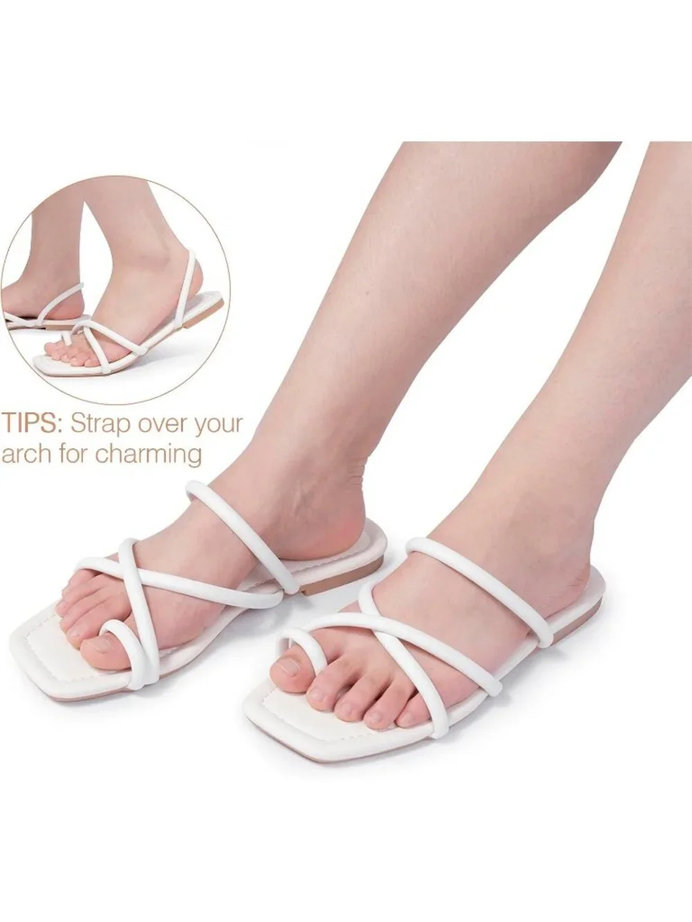 Women's All White Summer Flat Toe Ring Thong Open Toe Cross Strap Fashion Shoes